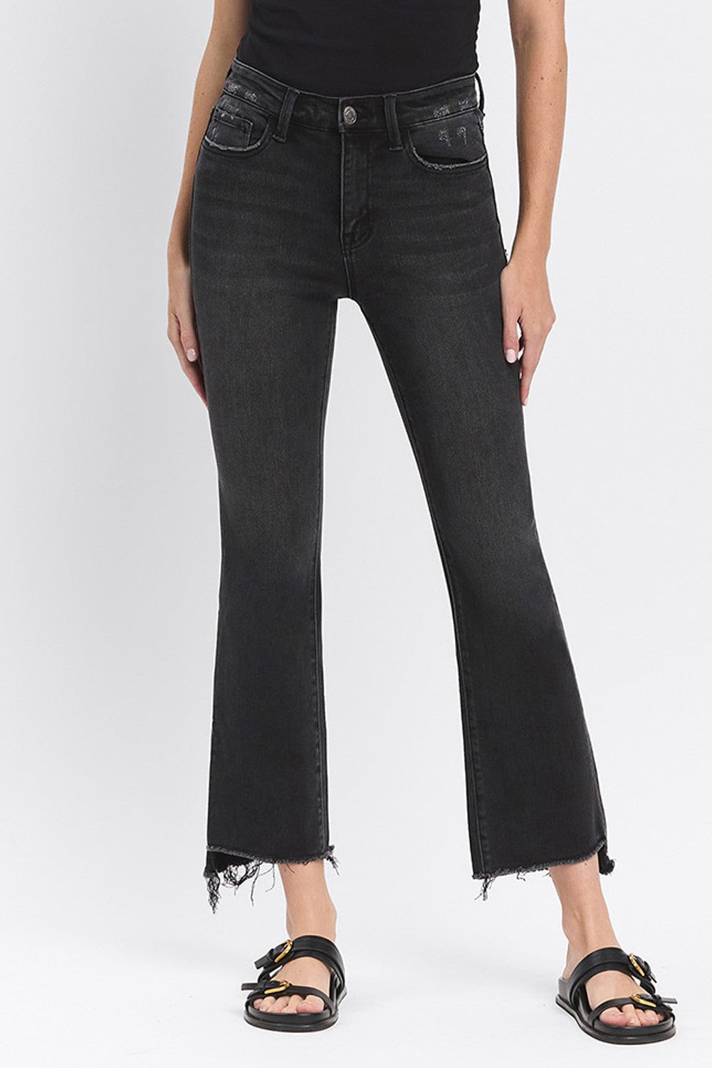 High Rise Raw Hem Crop Flare Jeans