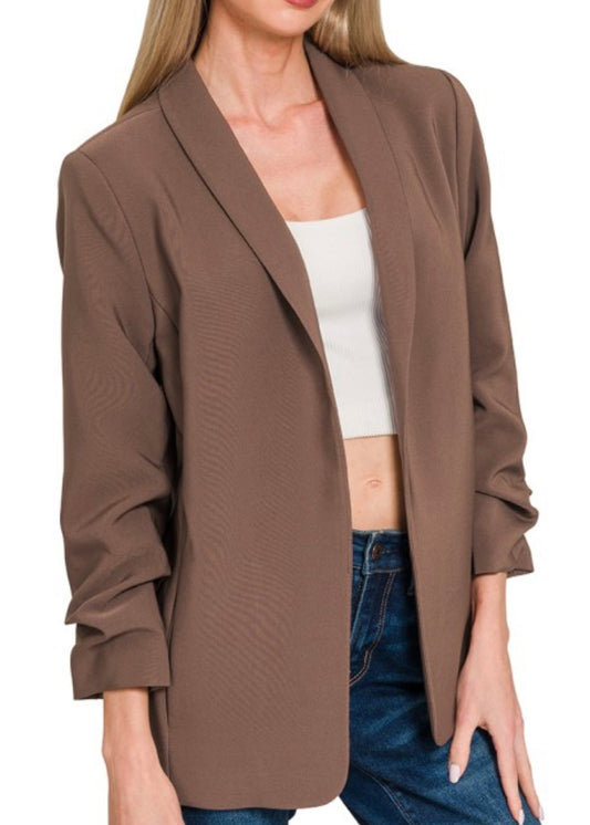 Devin Woven 3/4 Ruched Sleeve Open Front Classic Blazer