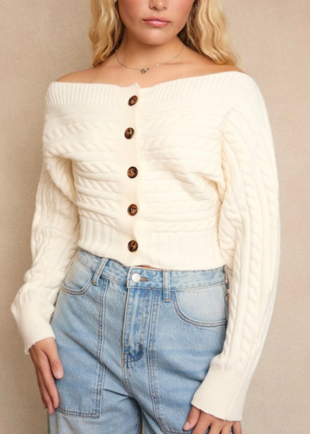 Leni Off-shoulder Button Down Sweater