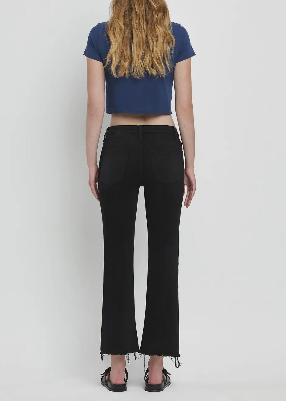 Alula Mid Rise Distressed Hem Crop Flare Jeans
