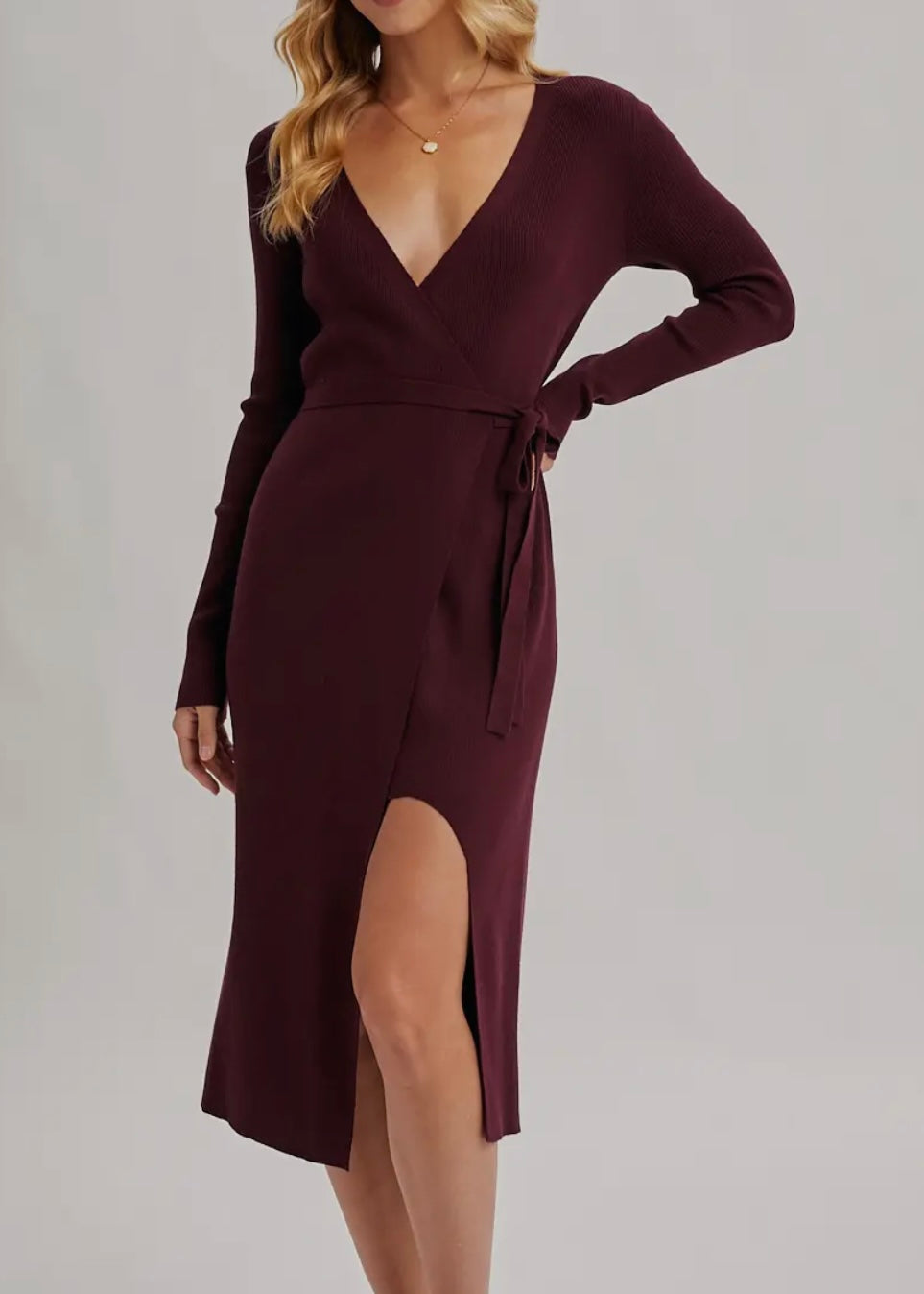 Amaia Ribbed V-Neck Wrap Midi Dress