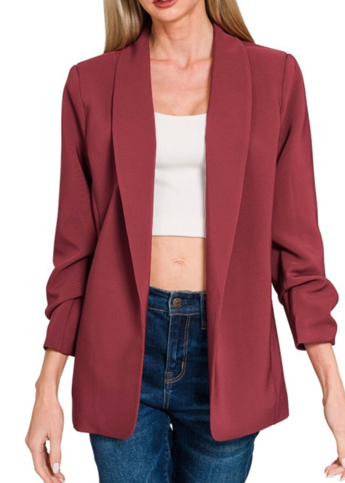 Devin Woven 3/4 Ruched Sleeve Open Front Classic Blazer