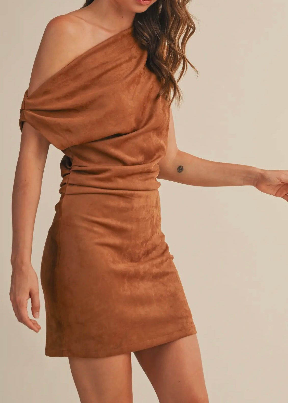 Nolani Suede Ashmetric Shoulder Mini Dress