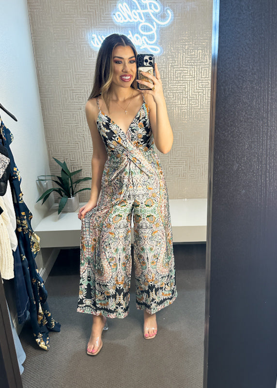 Paisley Smocked Twist Front Jumpsuit