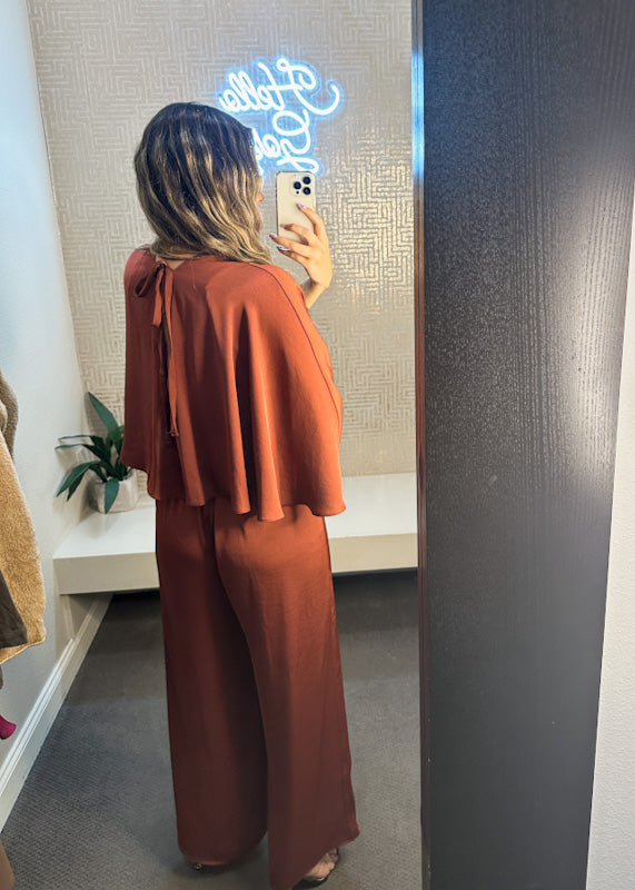 Kalena Washed Poly Silk Cape Jumpsuit-Made in USA