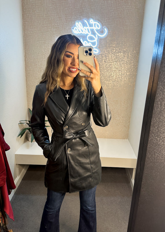 Monty Faux Leather Trench Jacket with Waist Belt