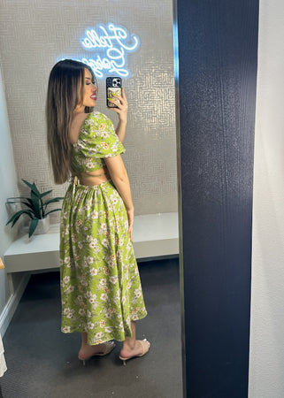 Floral Puff Sleeve Cut-Out Midi Dress