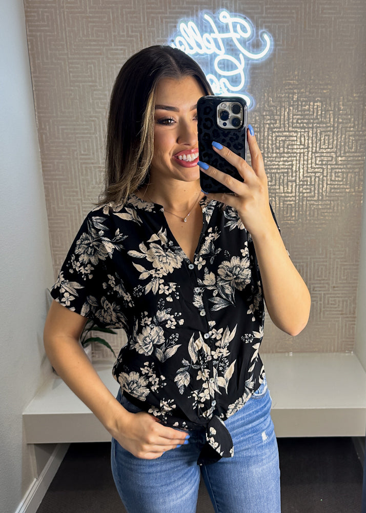 Rita Floral Dolman Sleeve Button Down Tie Front Top
