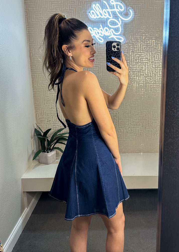Jennica Denim Halter Open Pleats Dress