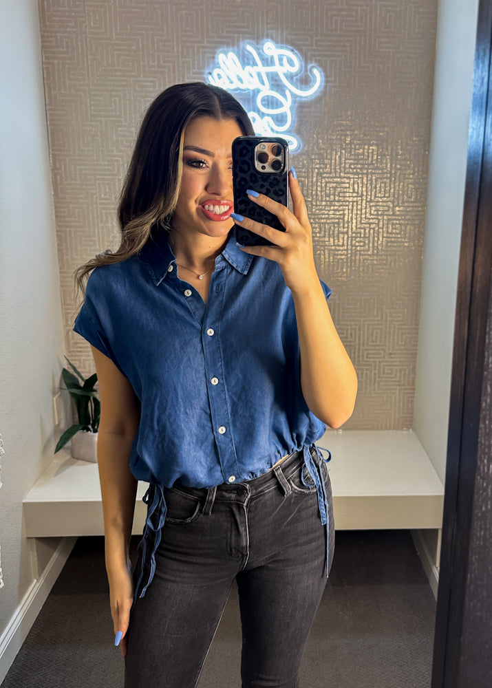 Della Washed Tencil Button Down Drawstring Top