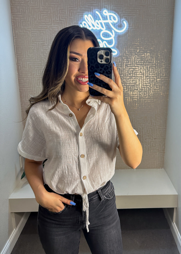 Fabiola Short Sleeve Drawstring Hem Button Down
