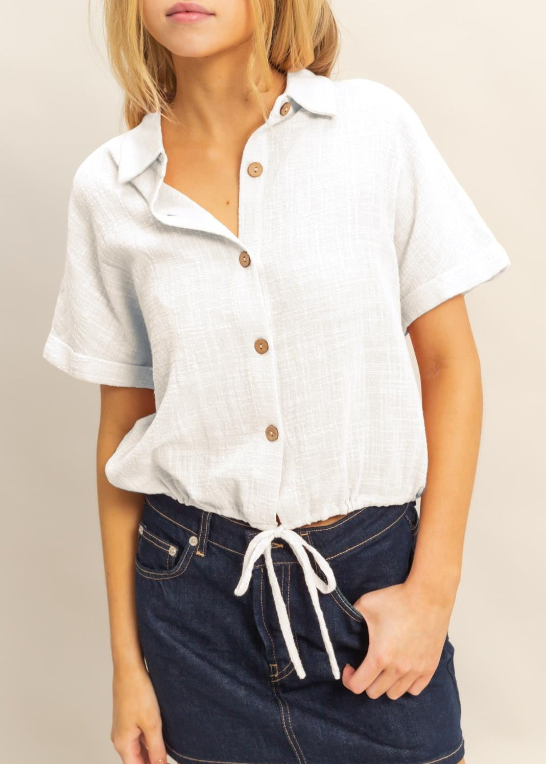 Fabiola Short Sleeve Drawstring Hem Button Down