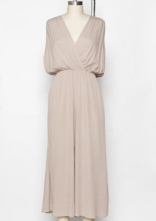 sleeveless woven ruched jumpsuit