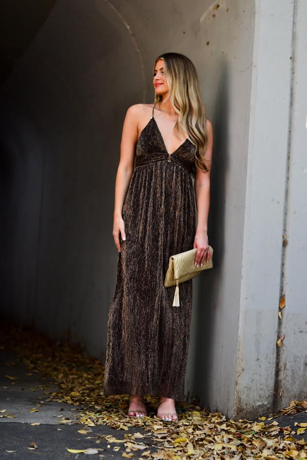 Bronzed Moment Plunging Maxi Dress