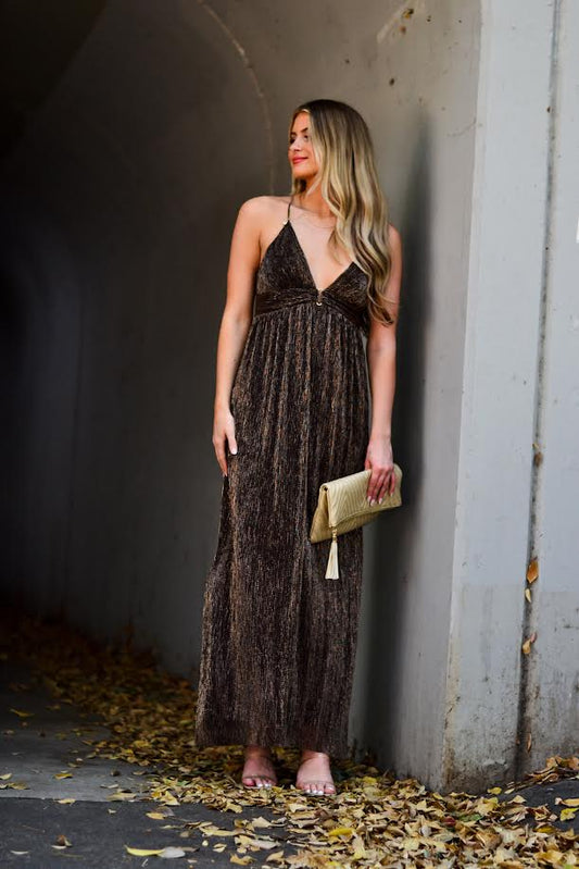 Bronzed Moment Plunging Maxi Dress