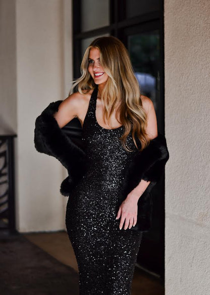 Late Invite Sequin Halter Dress