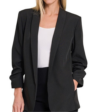 Devin Woven 3/4 Ruched Sleeve Open Front Classic Blazer