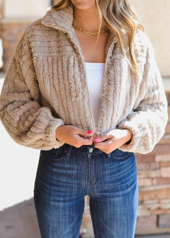 Cropped Textured Fleece Jacket
