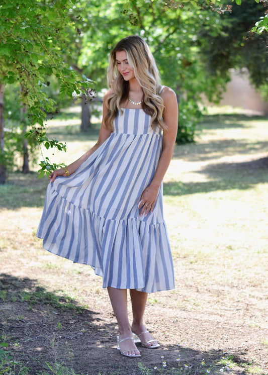 Karlie Stripe Tiered Midi Dress