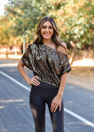Dolman Sleeve Asymmetrical Sequin Top