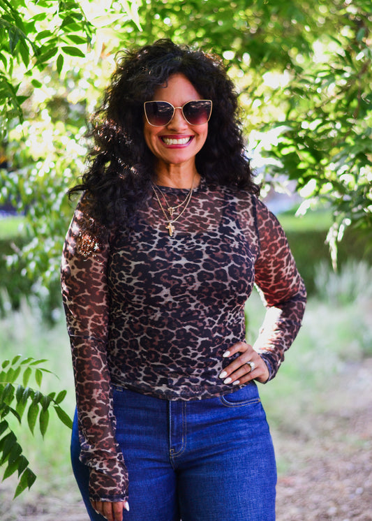 Kristy Semi Sheer Long Sleeve Leopard Mesh Top