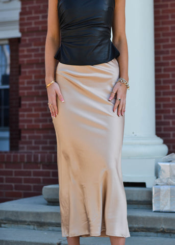 Lena Waist Elastic Band Midi Satin Skirt