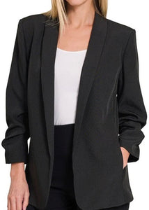 Devin Woven 3/4 Ruched Sleeve Open Front Classic Blazer