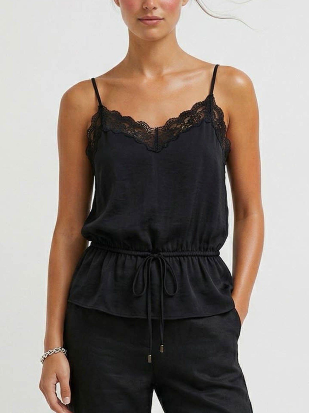 Opaline Lace Trim Drawstring Top