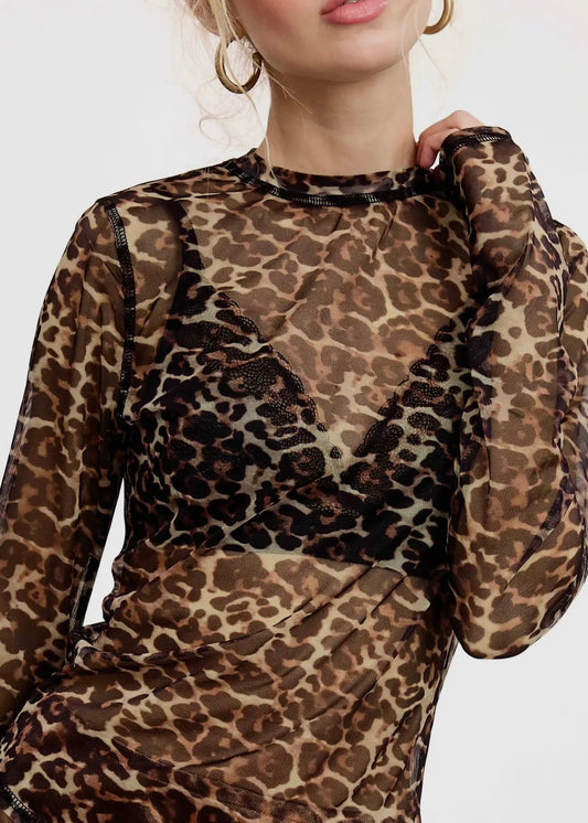 Kristy Semi Sheer Long Sleeve Leopard Mesh Top