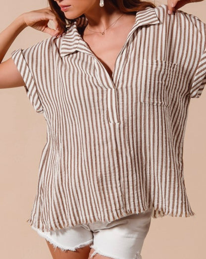 Short Sleeve Collared Stripe Shirt