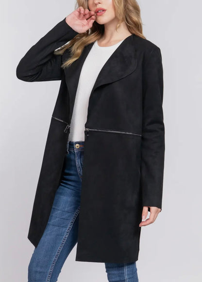Milla Long Sleeve Two Zipper Detail Faux Suede Long Jacket