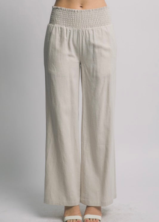 Faye Smocked Wide-leg Linen Pants