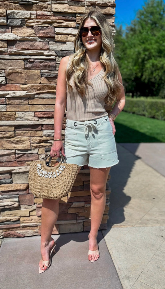 Aleena Distressed Hem Drawstring Shorts