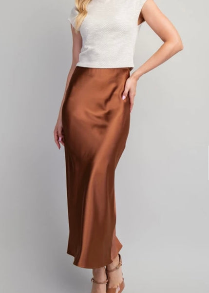 Lena Waist Elastic Band Midi Satin Skirt