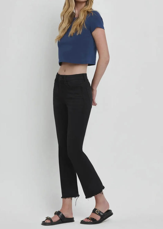 Alula Mid Rise Distressed Hem Crop Flare Jeans