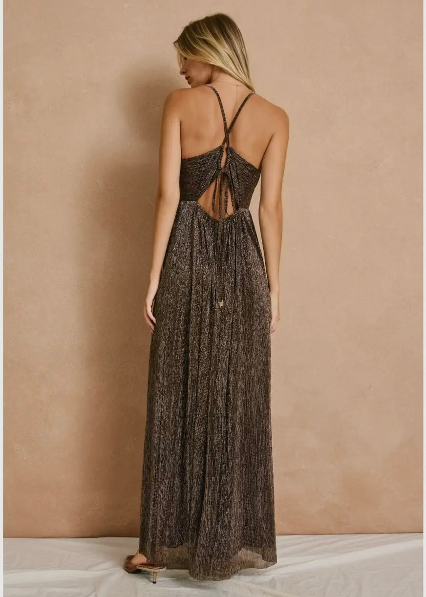 Bronzed Moment Plunging Maxi Dress