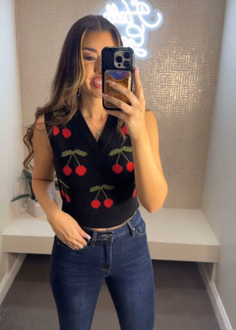 Cherry Pattern Crop Sweater Vest