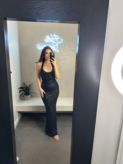 Late Invite Sequin Halter Dress