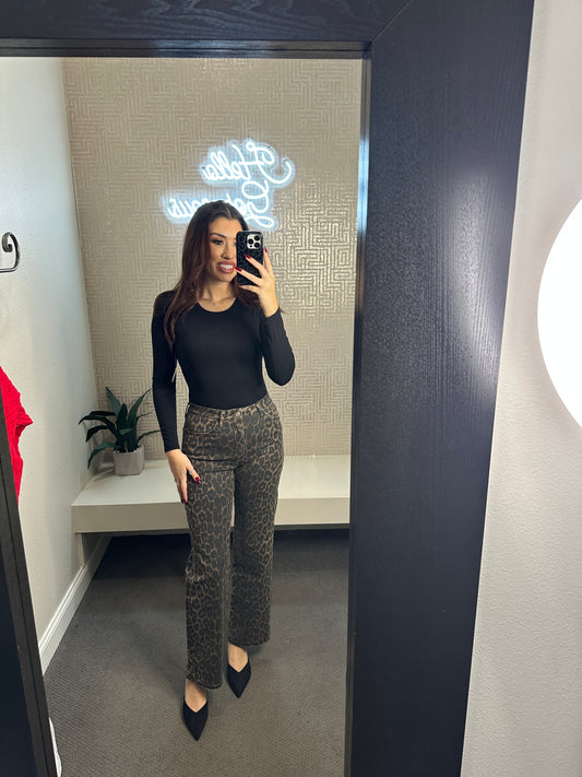 Vixen High Rise Leopard Print Slim Wide Pants