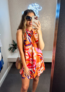 Jillian Printed Ruched Neck Shift Mini Dress