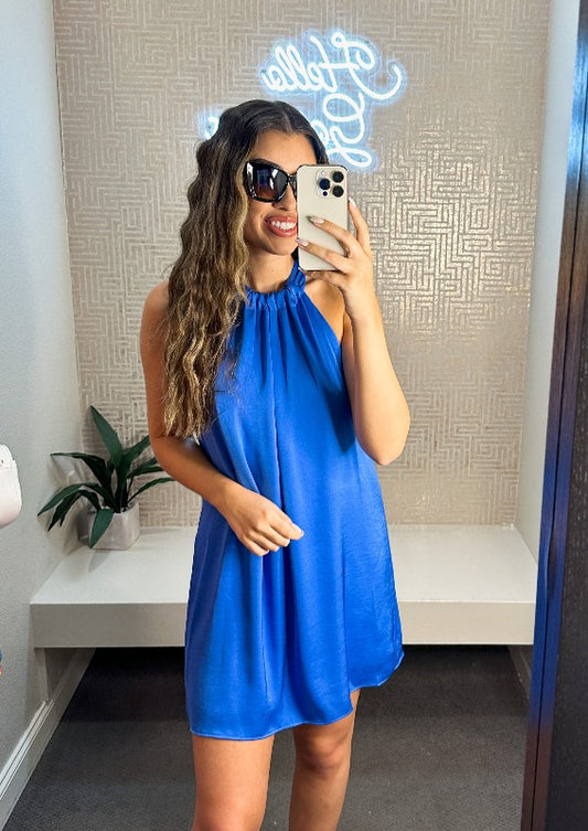 Ruched Neck Shift Mini Dress