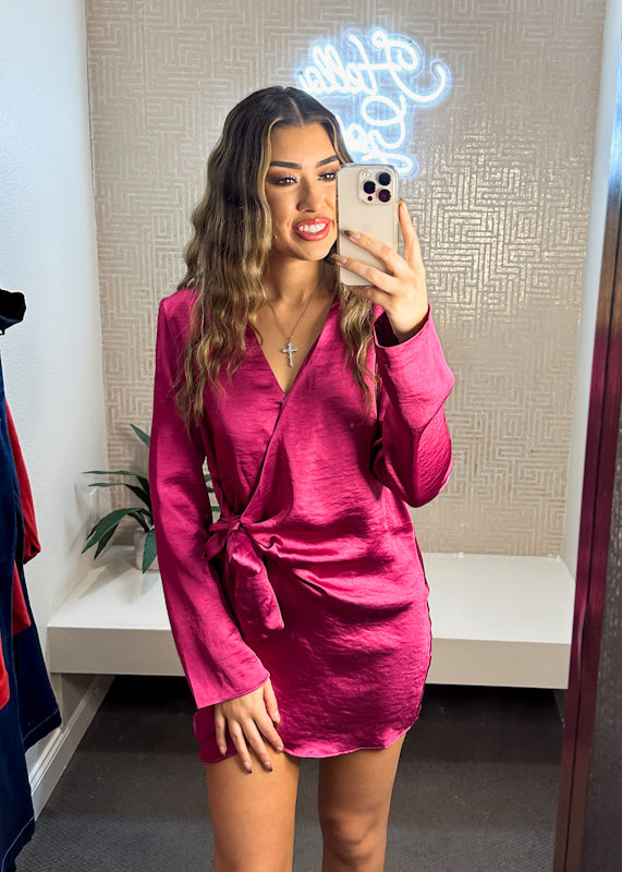 Jennah Surplice Neck Waist Tie Satin Mini Dress