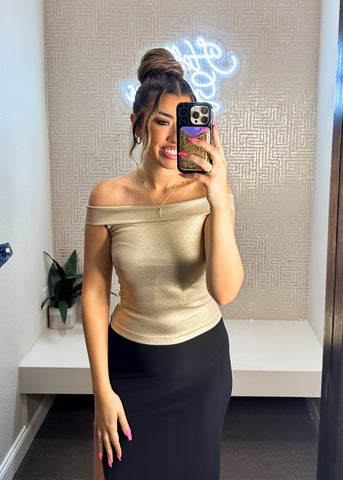 metallic gold off the shoulder top