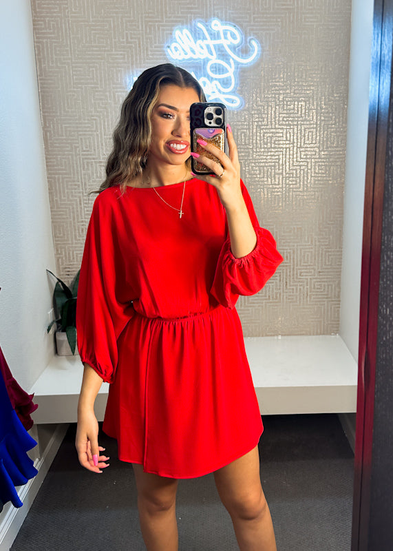 boat neck red mini dress