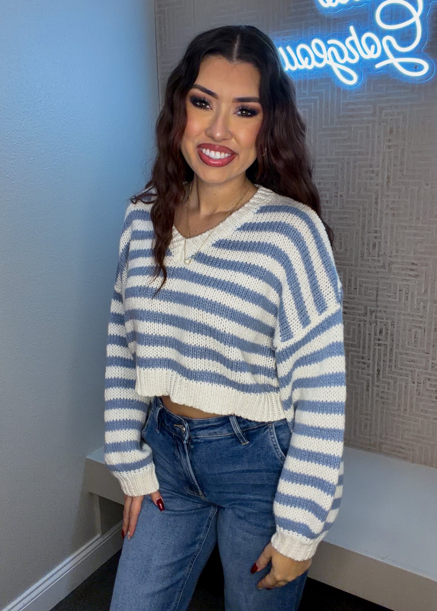 Amelia V-neck Striped Cropped Sweater