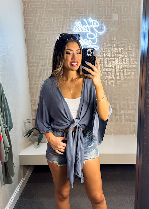 Flutter Gauze 3/4 Sleeve Front Tie Kimono