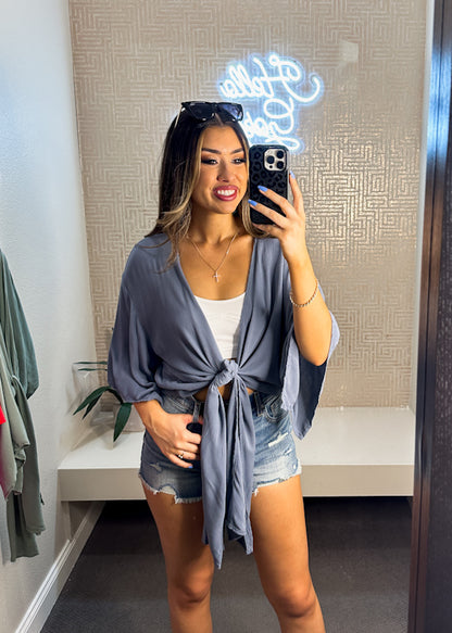 Flutter Gauze 3/4 Sleeve Front Tie Kimono