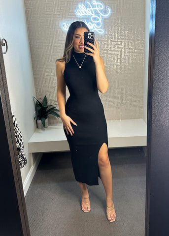 high neck ribbed midi dress with slit