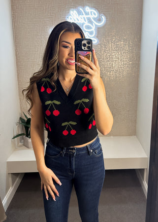 Cherry Pattern Crop Sweater Vest