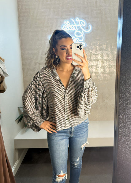 Printed Blouse Top  Bubble Sleeves